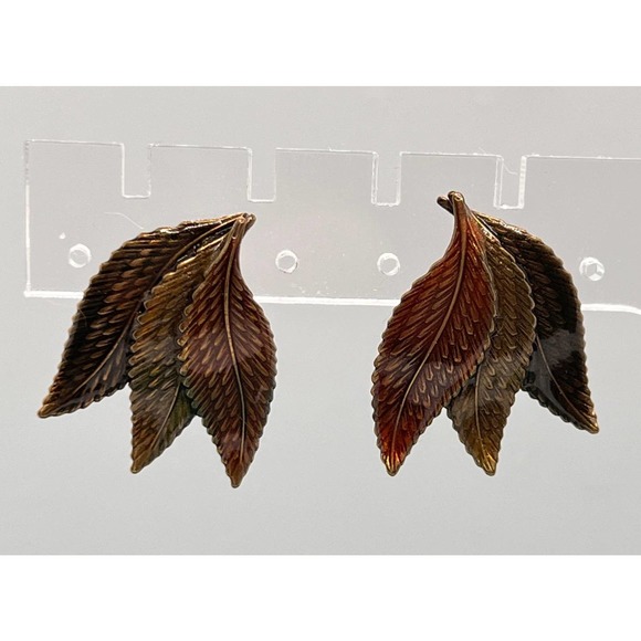 Metal Enamel Leaf Post Earrings Neutral Fall Autumn Colors - Picture 1 of 6